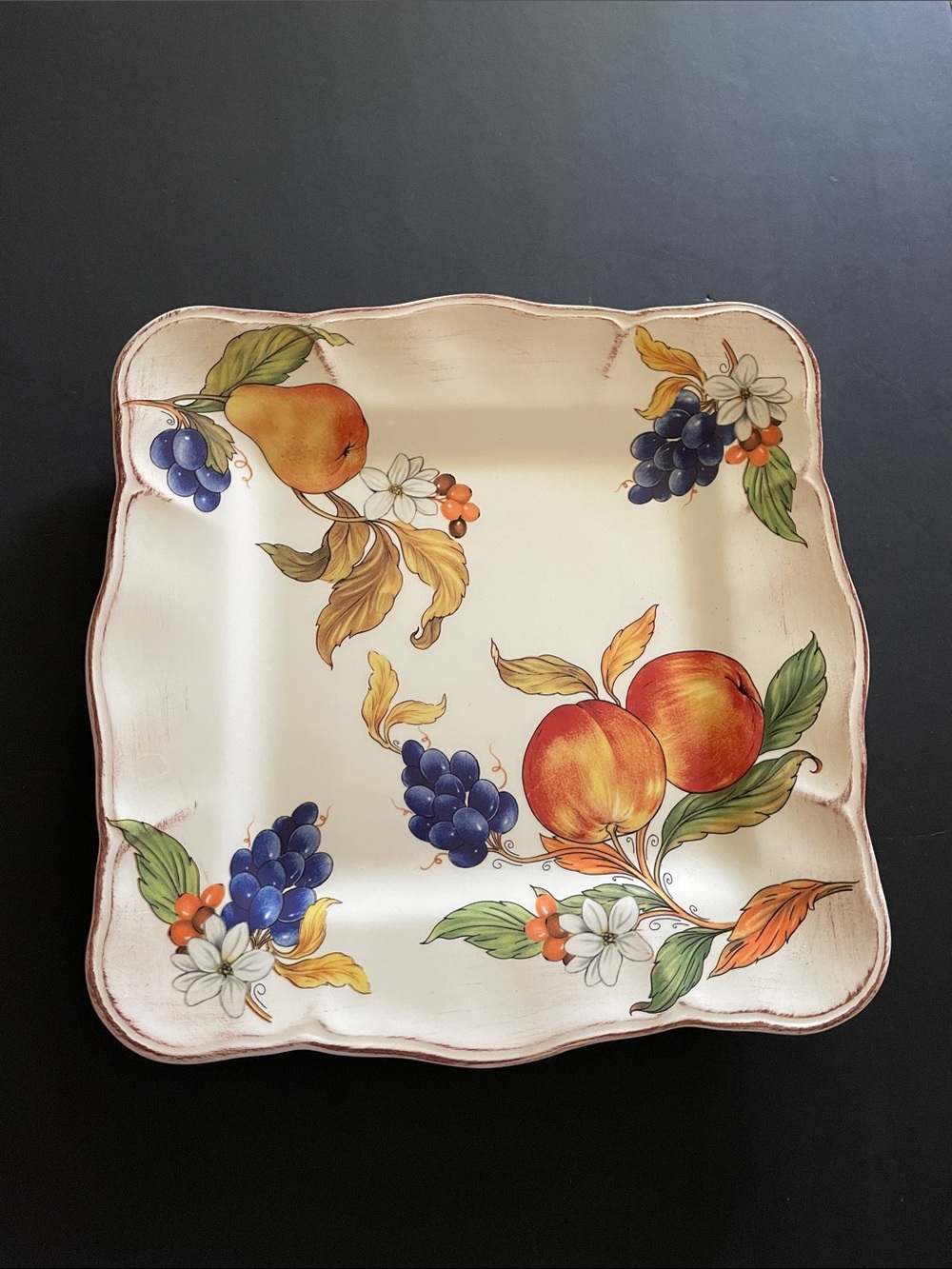 Hand-Painted Fruit Square Serving Platter - Cream with Orange & Blue Fruit